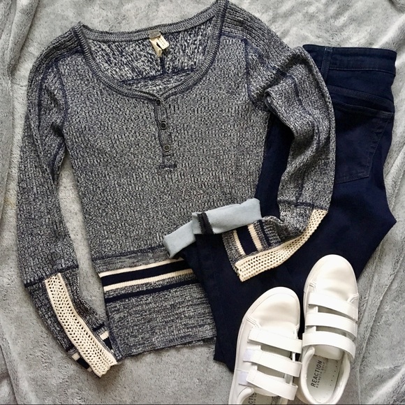 Free People Tops - Free People Pullover Knit Button Stripe Sweater
